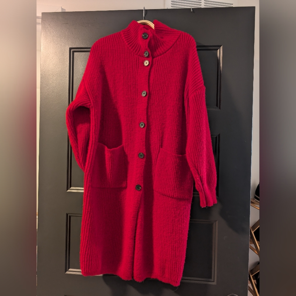 Red Button-Front Long Ribbed Knit Sweater